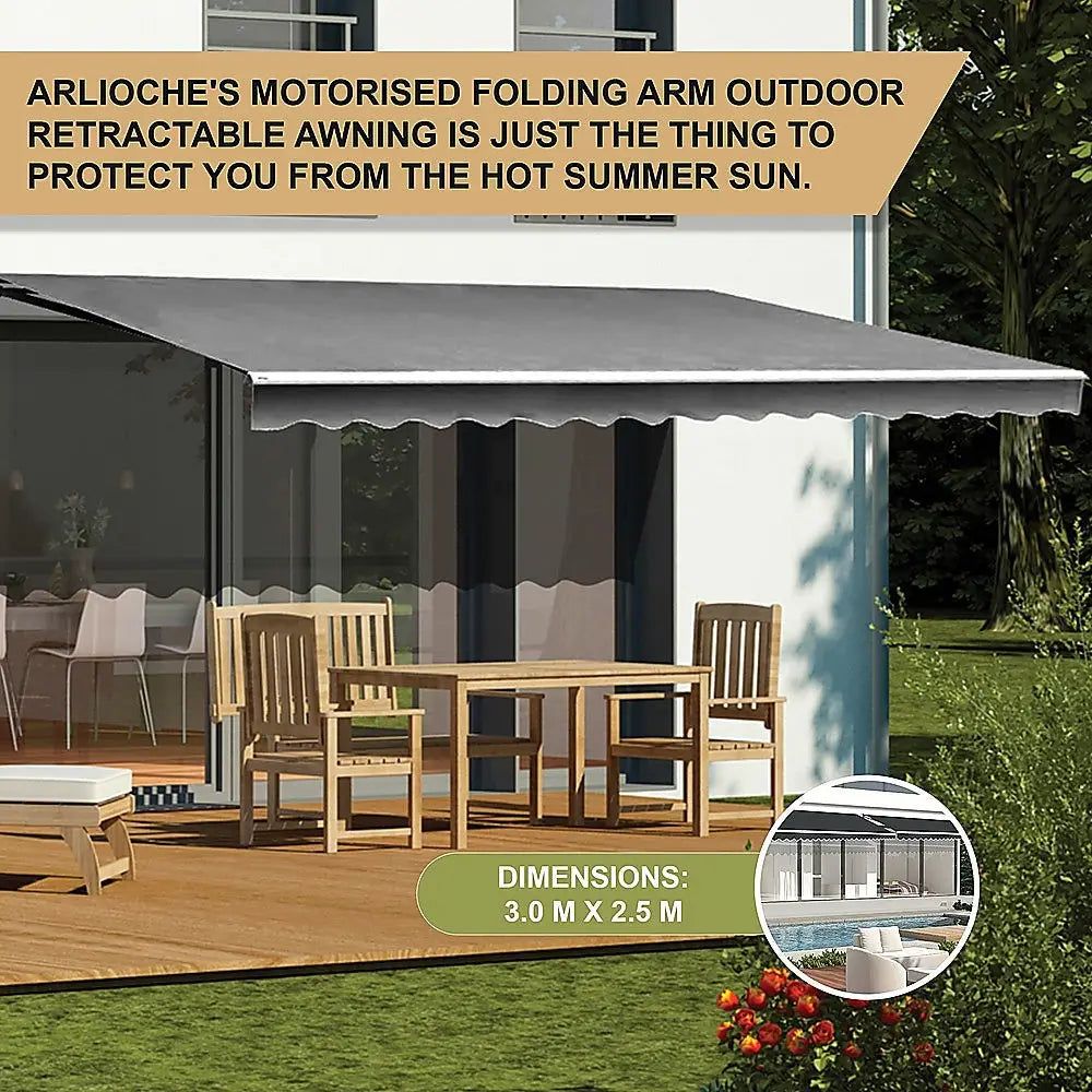 Motorised Outdoor Folding Arm Awning Retractable Sunshade Canopy Grey 3.0m x 2.5m - Home & Garden > Shading