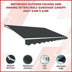 Motorised Outdoor Folding Arm Awning Retractable Sunshade Canopy Grey 3.0m x 2.5m - Home & Garden > Shading