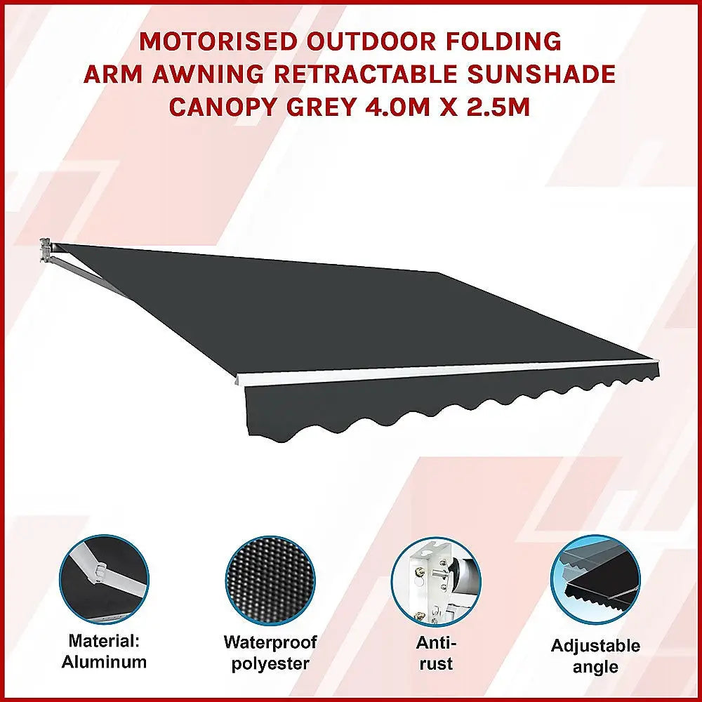 Motorised Outdoor Folding Arm Awning Retractable Sunshade Canopy Grey 4.0m x 2.5m - Home & Garden > Shading