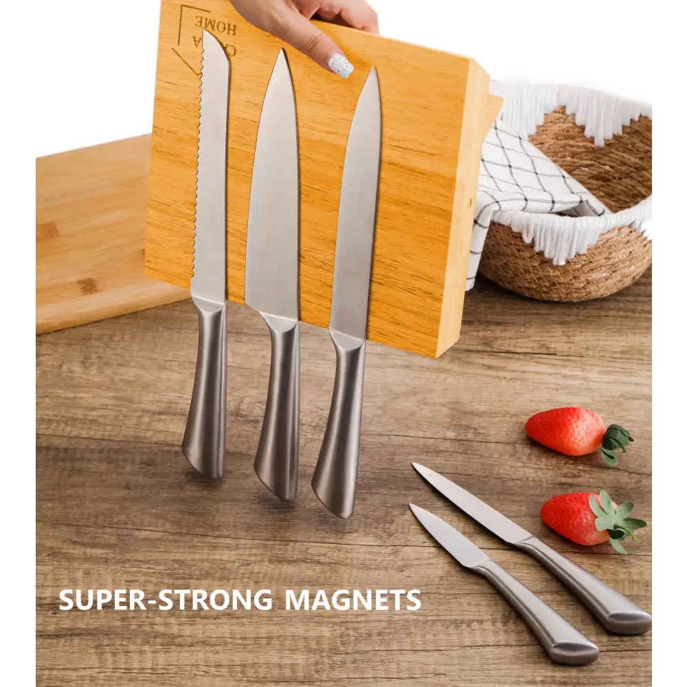 Natural Bamboo Magnetic Knife Block Holder with Strong Magnets for Home Kitchen Storage & Organisation - Appliances >