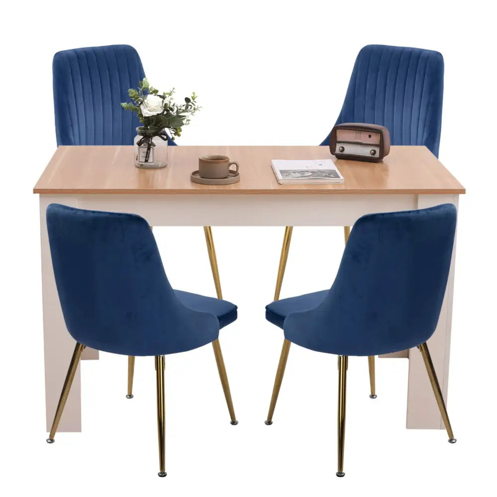 Natural Rectangular Dining Table with 4x Blue Velvet Chairs - Furniture > Dining