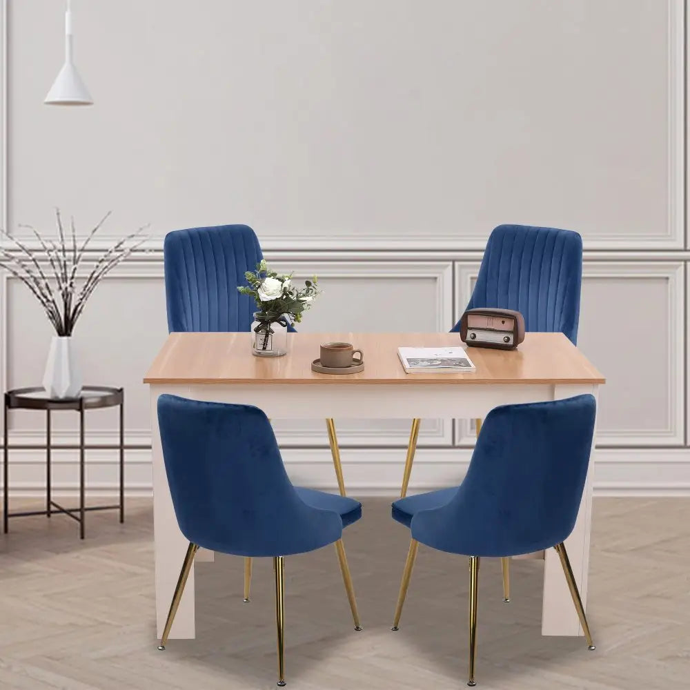 Natural Rectangular Dining Table with 4x Blue Velvet Chairs - Furniture > Dining