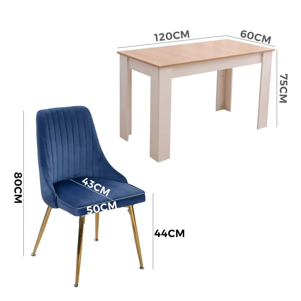 Natural Rectangular Dining Table with 4x Blue Velvet Chairs - Furniture > Dining