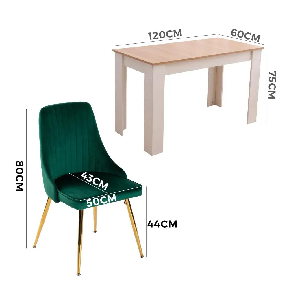 Natural Rectangular Dining Table with 4x Green Velvet Chairs - Furniture > Dining