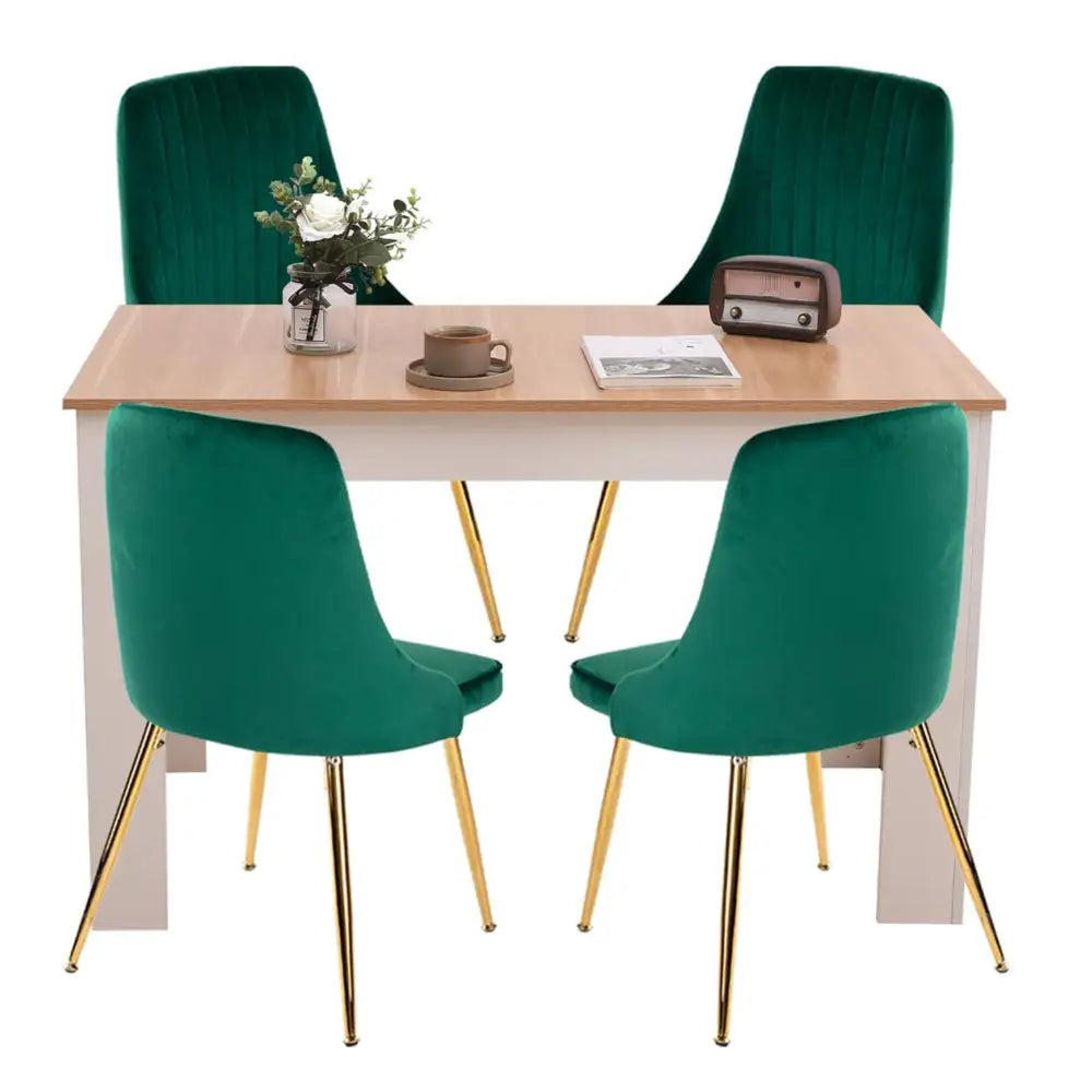 Natural Rectangular Dining Table with 4x Green Velvet Chairs - Furniture > Dining