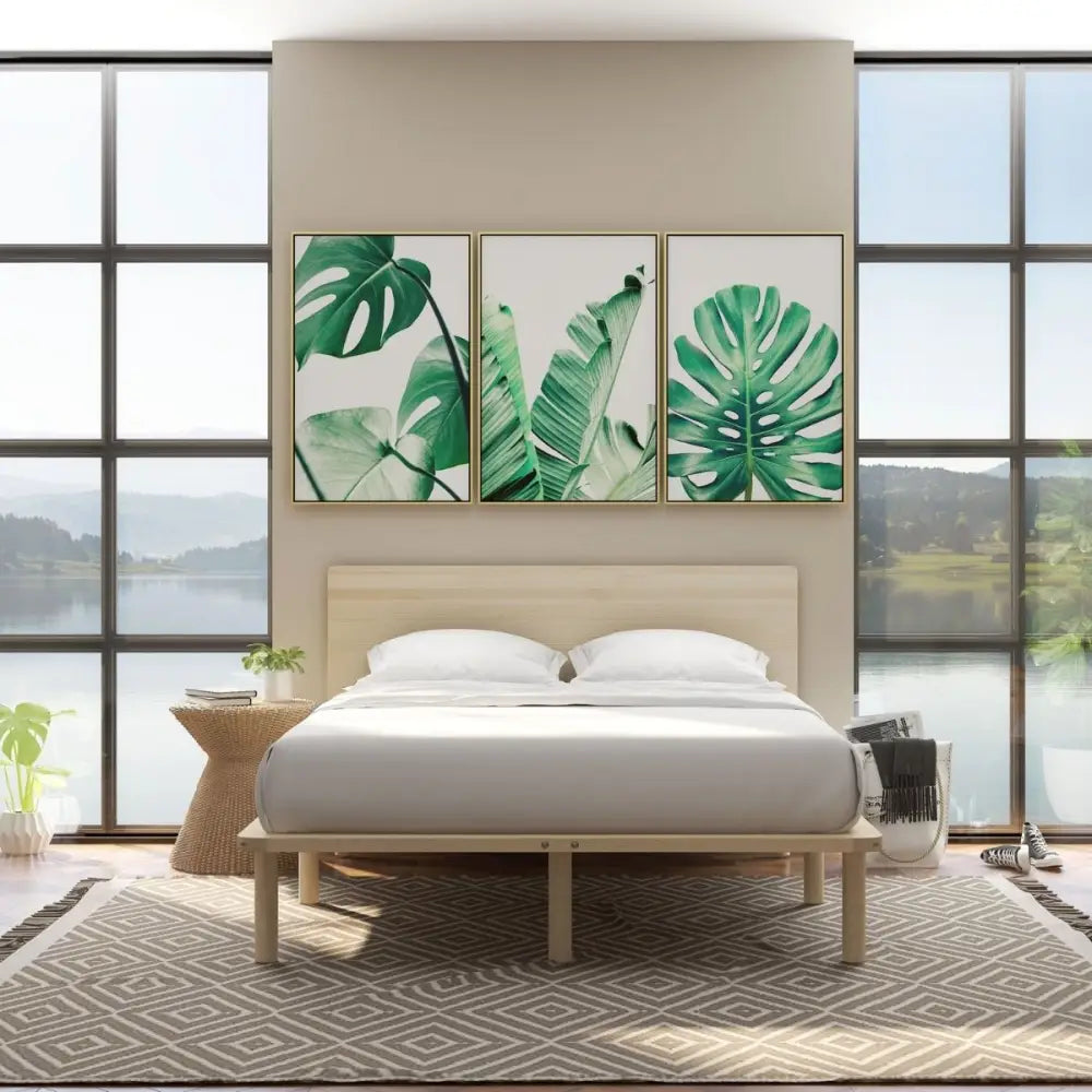 Natural Solid Wood Bed Frame Bed Base with Headboard King - Furniture > Bedroom
