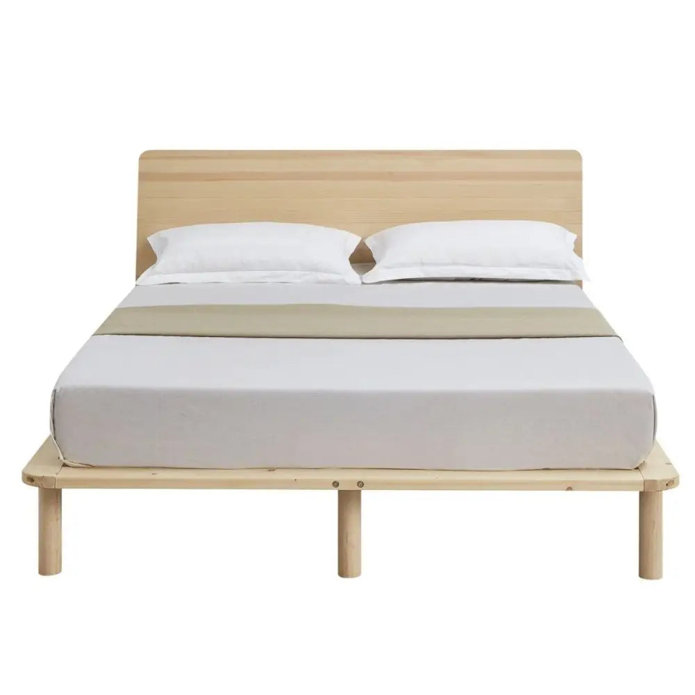 Natural Solid Wood Bed Frame Bed Base with Headboard King - Furniture > Bedroom