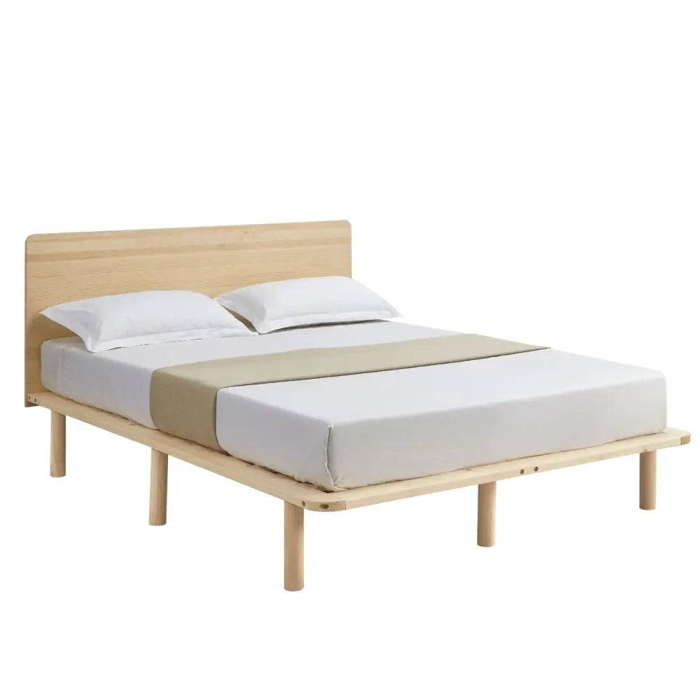 Natural Solid Wood Bed Frame Bed Base with Headboard King - Furniture > Bedroom