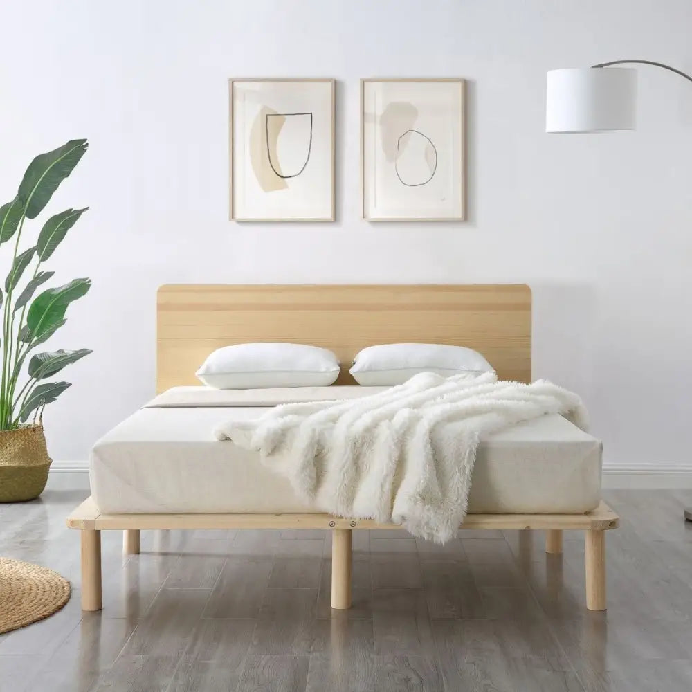 Natural Solid Wood Bed Frame Bed Base with Headboard King - Furniture > Bedroom