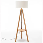 Natural Wooden Tripod Floor Lamp w/ Round Wood Shelf + Off White Linen Shade - Home & Garden > Lighting > Floor Lamps