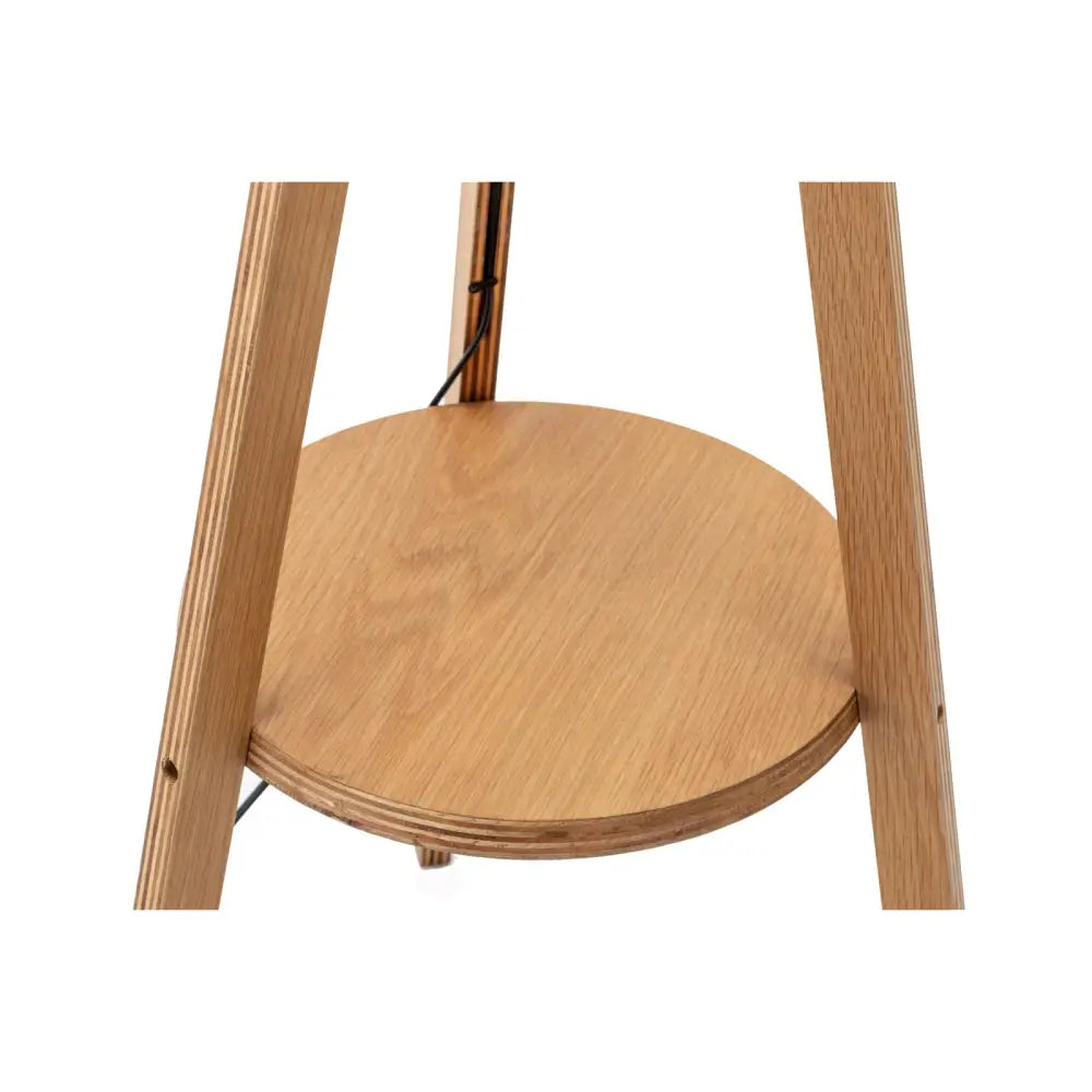 Natural Wooden Tripod Floor Lamp w/ Round Wood Shelf + Off White Linen Shade - Home & Garden > Lighting > Floor Lamps