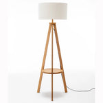 Natural Wooden Tripod Floor Lamp w/ Round Wood Shelf + Off White Linen Shade - Home & Garden > Lighting > Floor Lamps
