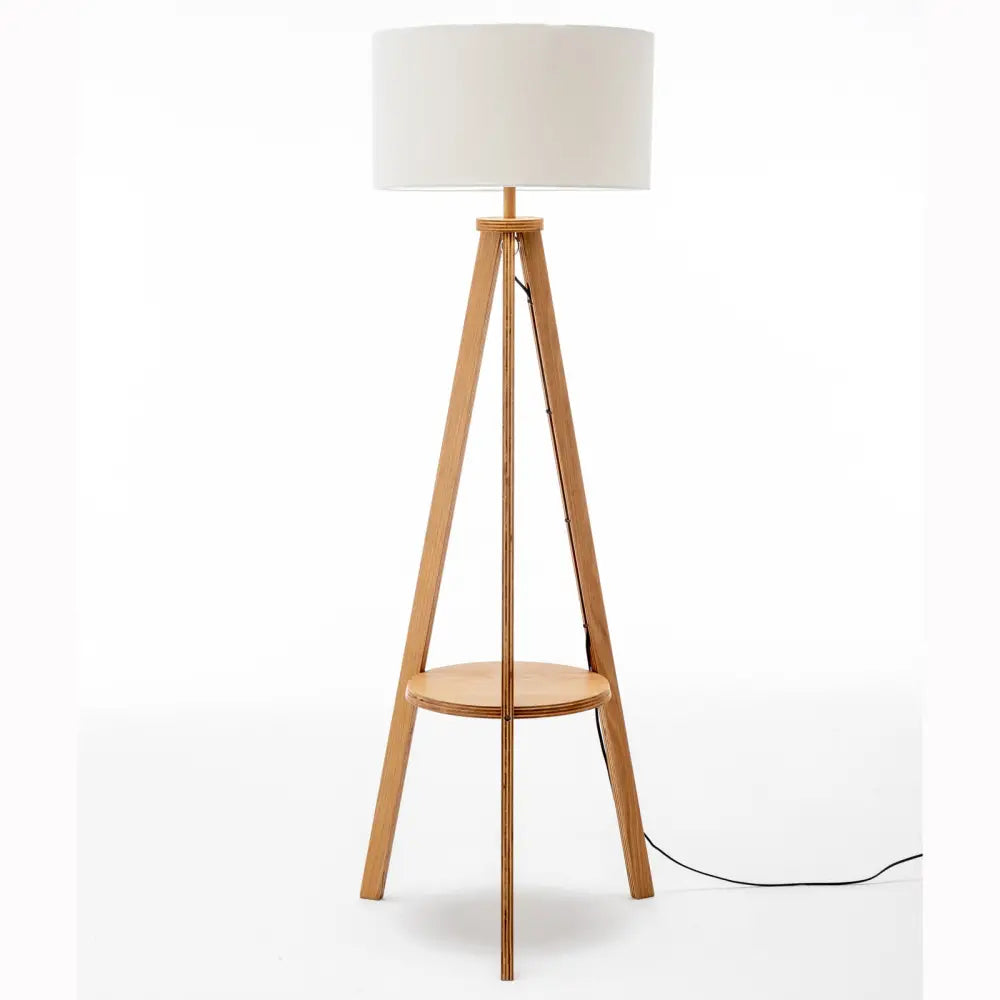 Natural Wooden Tripod Floor Lamp w/ Round Wood Shelf + Off White Linen Shade - Home & Garden > Lighting > Floor Lamps