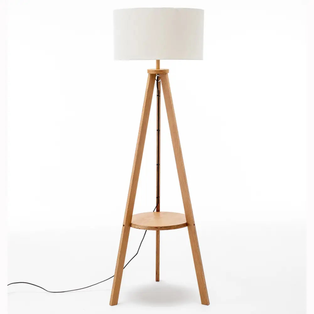 Natural Wooden Tripod Floor Lamp w/ Round Wood Shelf + Off White Linen Shade - Home & Garden > Lighting > Floor Lamps