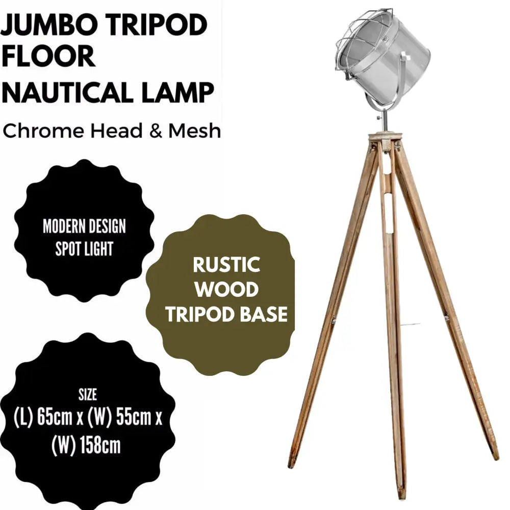 Nautical Tripod Floor Lamp Search Light Modern Chrome Head with Mesh - Home & Garden > Lighting > Floor Lamps