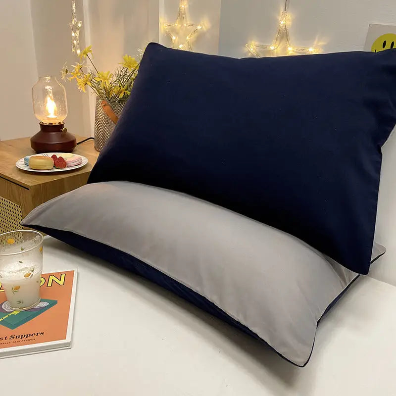 Navy And Grey Washed Cotton Pillowcase Set - Solid Color Simple Two-Tone Design 48x74cm (Pair) - Home & Garden >