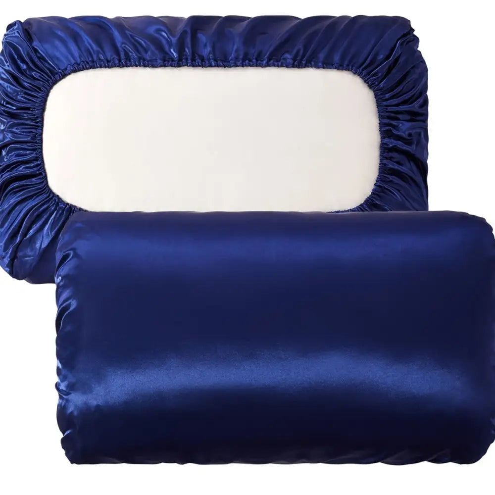 Navy blue Silky Satin Pillowcase Pair - Smooth for Hair & Skin Elastic Fitted (46x90 + 16cm) - Home & Garden > Bedding