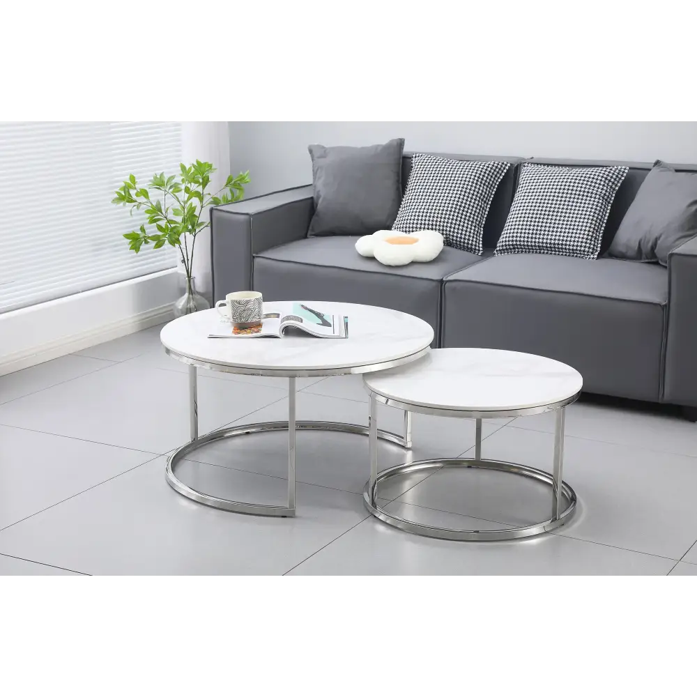 Nesting Style Coffee Table - White on Silver Stainless Steel - 80cm/60cm - Furniture > Living Room > Coffee Tables