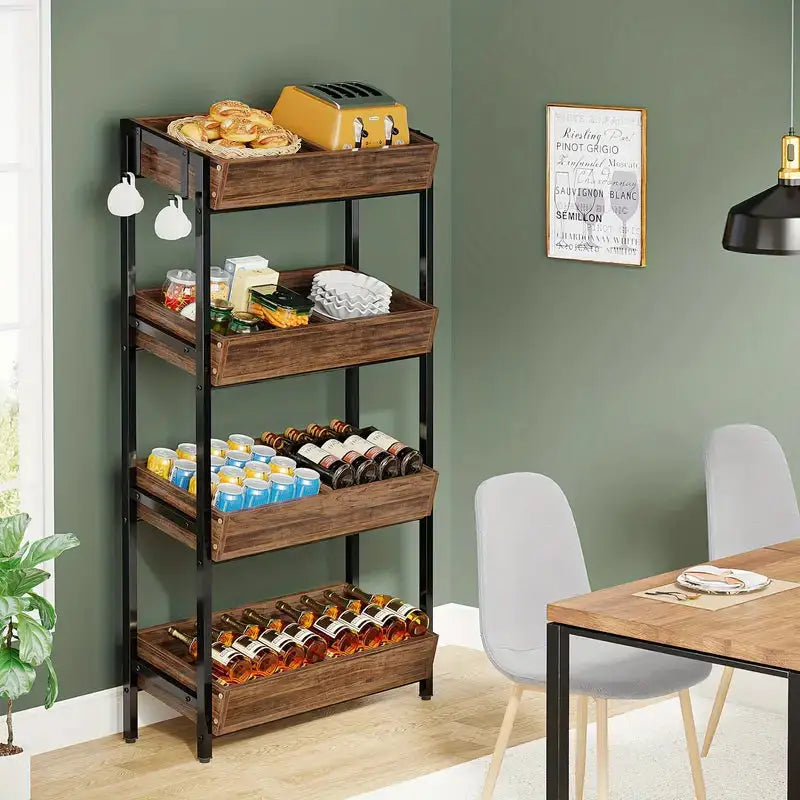 NNETMLT 4-Tier Wood Snack Rack Basket - Vintage Brown - Furniture > Living Room > Coat Racks