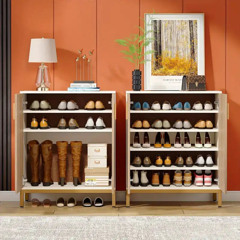 NNETMLT 5-Tier Shoe Cabinet with Geometric Pattern Doors-White/Natural - Furniture > Outdoor > Outdoor Dining Sets