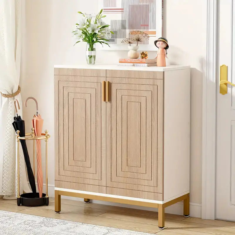 NNETMLT 5-Tier Shoe Cabinet with Geometric Pattern Doors-White/Natural - Furniture > Outdoor > Outdoor Dining Sets
