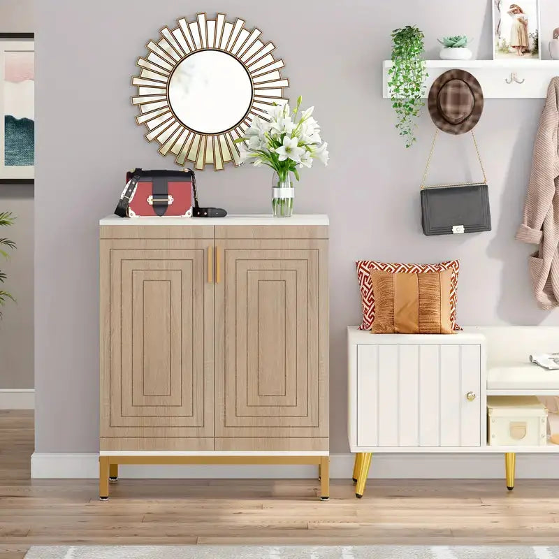 NNETMLT 5-Tier Shoe Cabinet with Geometric Pattern Doors-White/Natural - Furniture > Outdoor > Outdoor Dining Sets