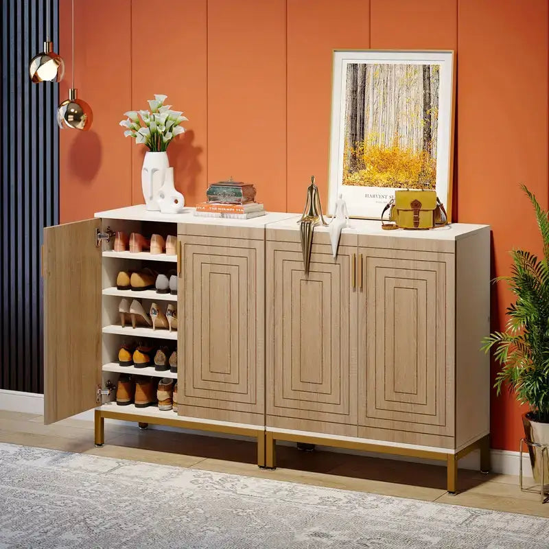 NNETMLT 5-Tier Shoe Cabinet with Geometric Pattern Doors-White/Natural - Furniture > Outdoor > Outdoor Dining Sets