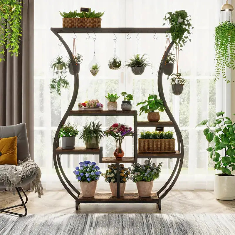 NNETMLT 6-Tier Plant Stand with Vase Shape Ladder Design Rustic Brown - Home & Garden > Decor > Garden Ornaments