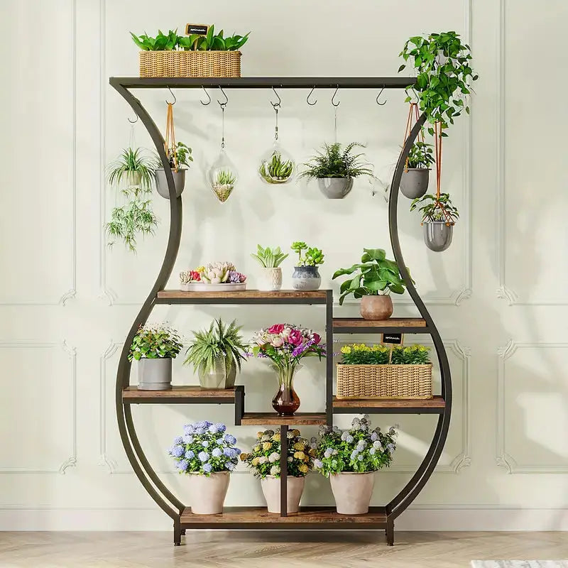 NNETMLT 6-Tier Plant Stand with Vase Shape Ladder Design Rustic Brown - Home & Garden > Decor > Garden Ornaments