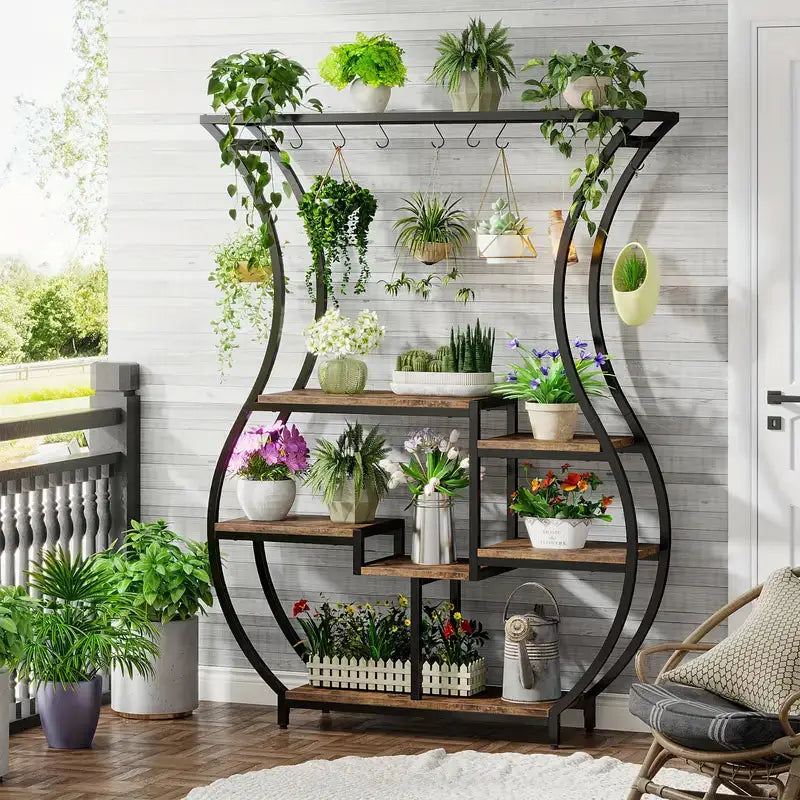 NNETMLT 6-Tier Plant Stand with Vase Shape Ladder Design Rustic Brown - Home & Garden > Decor > Garden Ornaments