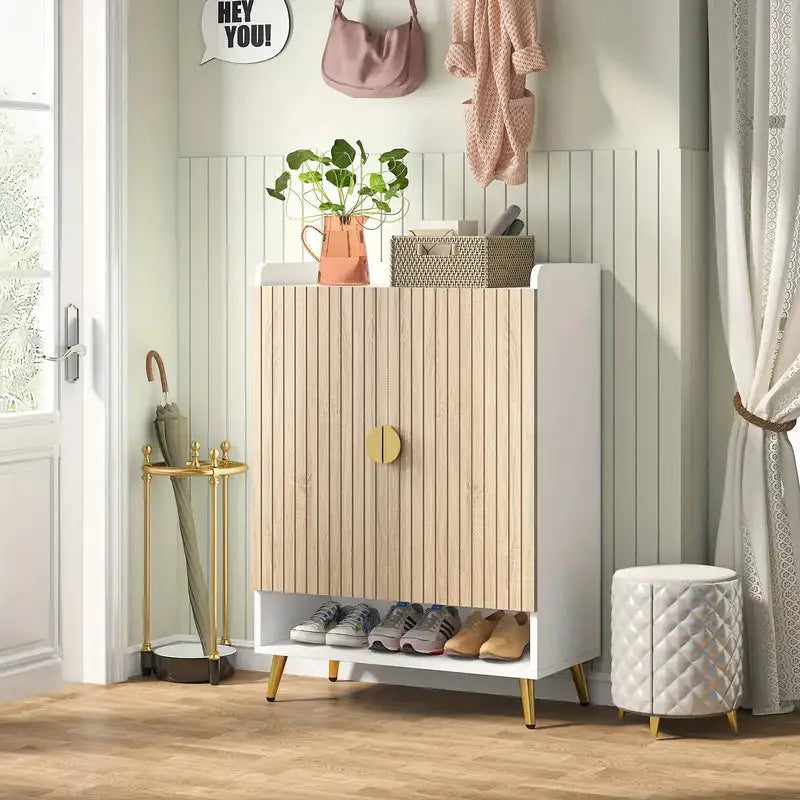NNETMLT 7-Tier Shoe Storage Cabinet with Adjustable Shelves Wood and Gold - Furniture > Living Room > Shoe Storage
