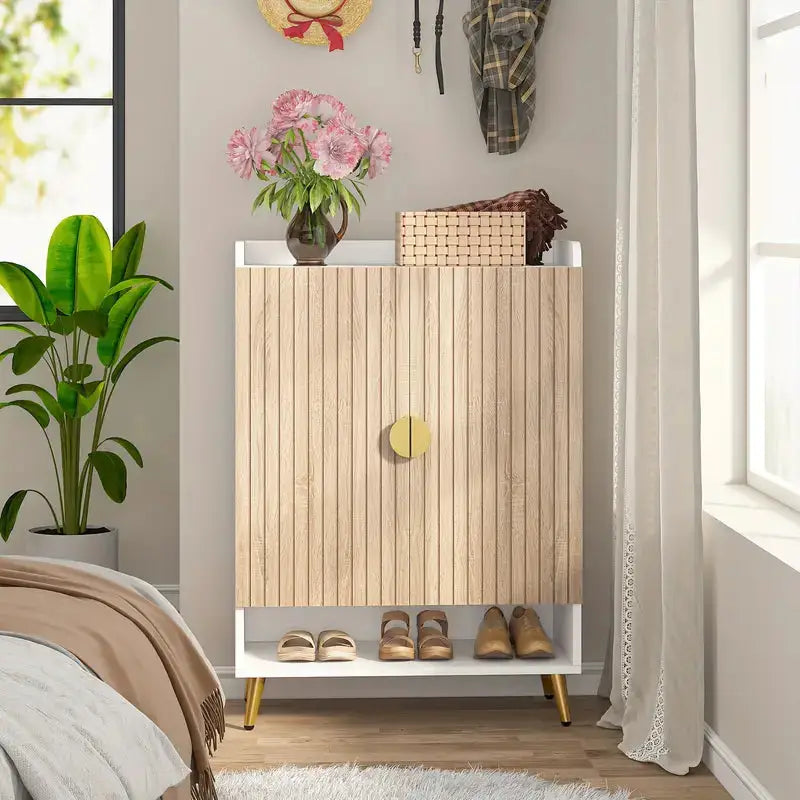 NNETMLT 7-Tier Shoe Storage Cabinet with Adjustable Shelves Wood and Gold - Furniture > Living Room > Shoe Storage
