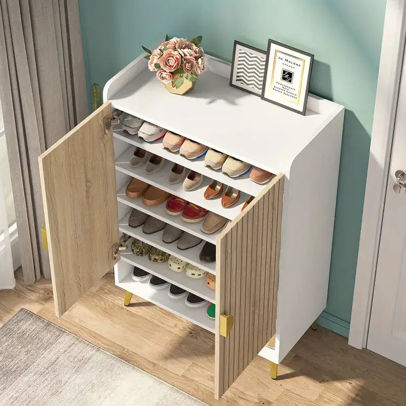 NNETMLT 7-Tier Shoe Storage Cabinet with Adjustable Shelves Wood and Gold - Furniture > Living Room > Shoe Storage