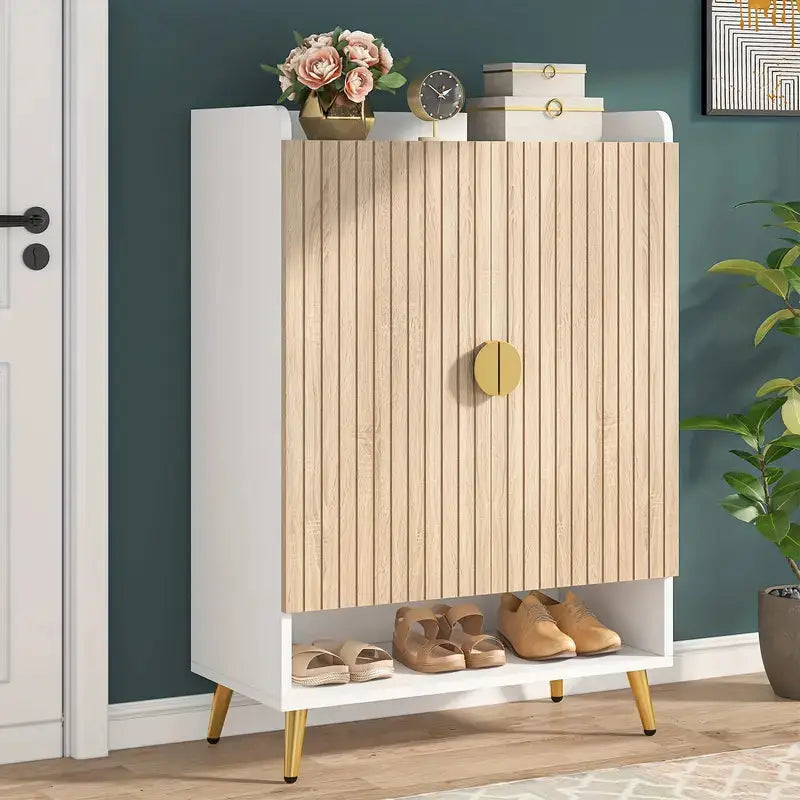 NNETMLT 7-Tier Shoe Storage Cabinet with Adjustable Shelves Wood and Gold - Furniture > Living Room > Shoe Storage