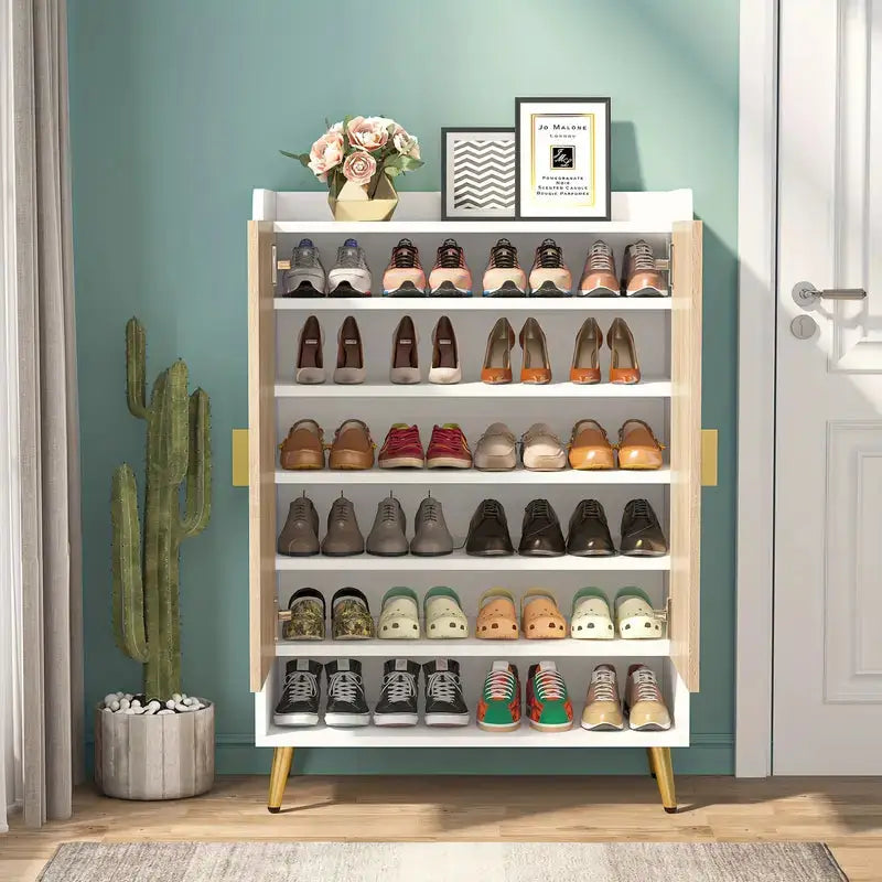 NNETMLT 7-Tier Shoe Storage Cabinet with Adjustable Shelves Wood and Gold - Furniture > Living Room > Shoe Storage