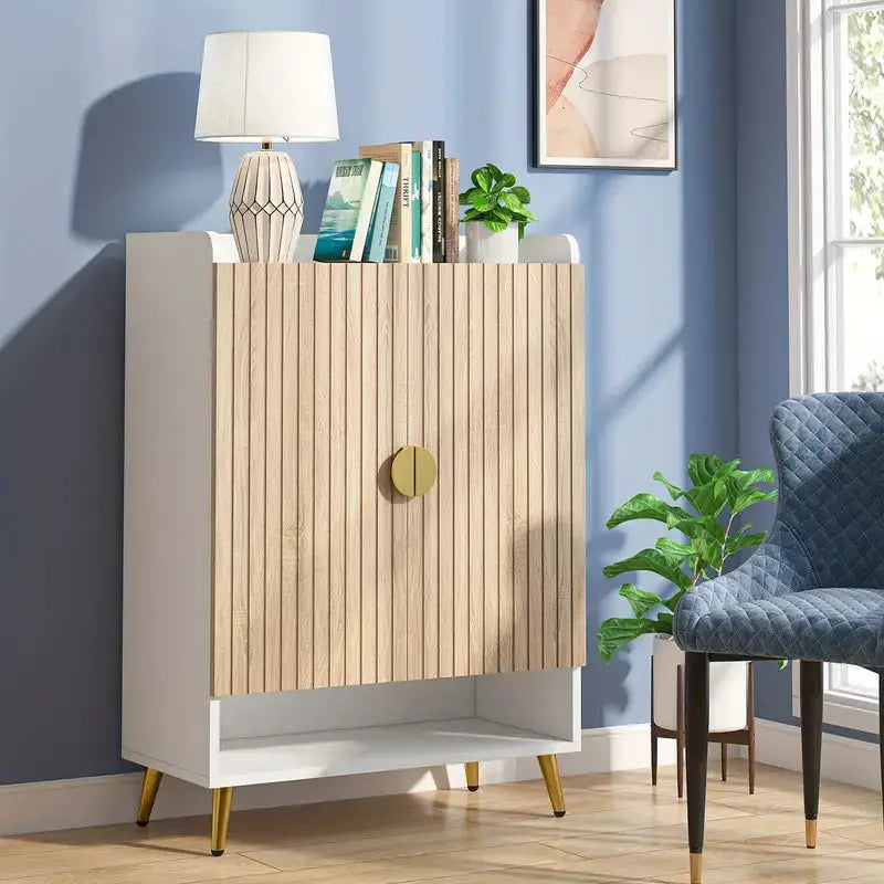 NNETMLT 7-Tier Shoe Storage Cabinet with Adjustable Shelves Wood and Gold - Furniture > Living Room > Shoe Storage