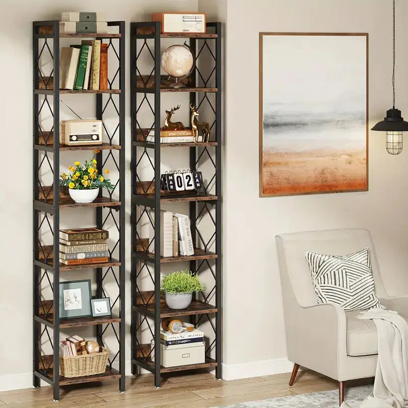 NNETMLT 78.7 Inch Extra Tall 7 Tier Skinny Bookcase Rustic Brown - Furniture > Living Room > Bookcases & Shelves