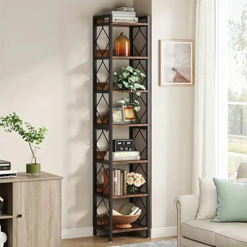 NNETMLT 78.7 Inch Extra Tall 7 Tier Skinny Bookcase Rustic Brown - Furniture > Living Room > Bookcases & Shelves
