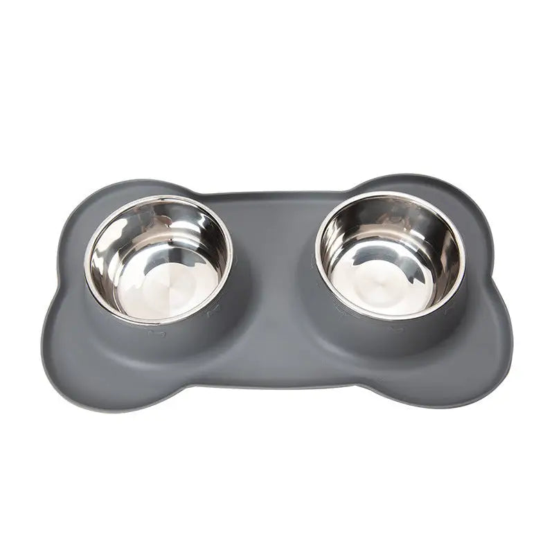 Non-Slip Stainless Steel Double Pet Bowl Set with Spill-Resistant Silicone Mat 45*27cm Grey - Pet Care > Dog Supplies >