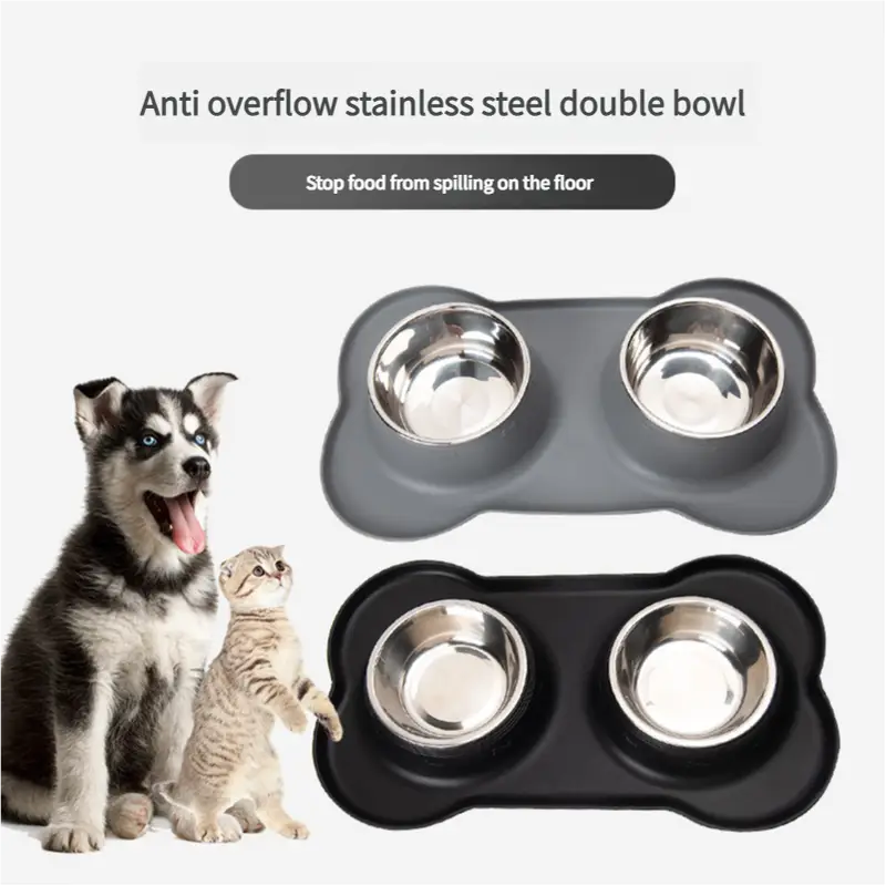 Non-Slip Stainless Steel Double Pet Bowl Set with Spill-Resistant Silicone Mat 45*27cm Grey - Pet Care > Dog Supplies >