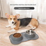 Non-Slip Stainless Steel Double Pet Bowl Set with Spill-Resistant Silicone Mat 45*27cm Grey - Pet Care > Dog Supplies >