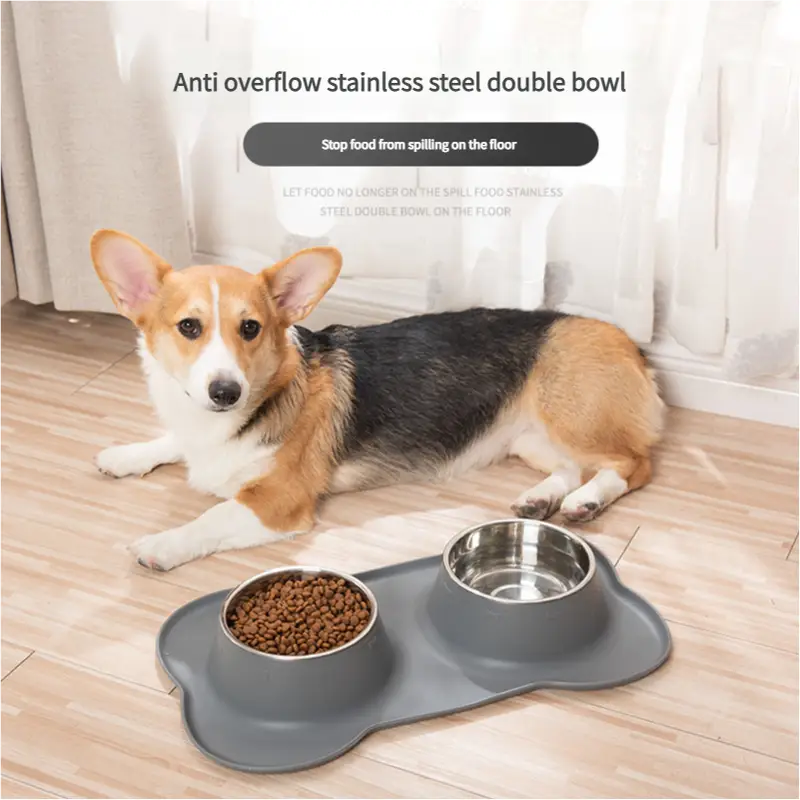 Non-Slip Stainless Steel Double Pet Bowl Set with Spill-Resistant Silicone Mat 45*27cm Grey - Pet Care > Dog Supplies >