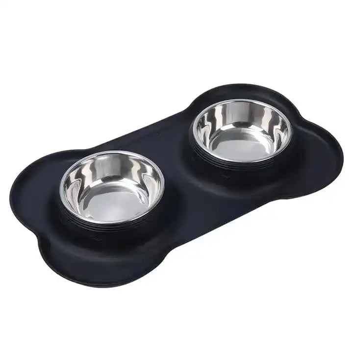 Non-Slip Stainless Steel Double Pet Bowl Set with Spill-Resistant Silicone Mat 45*27cm Black - Pet Care > Dog Supplies