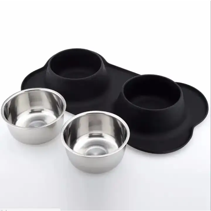 Non-Slip Stainless Steel Double Pet Bowl Set with Spill-Resistant Silicone Mat 45*27cm Black - Pet Care > Dog Supplies