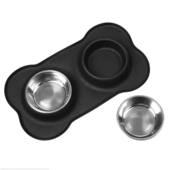 Non-Slip Stainless Steel Double Pet Bowl Set with Spill-Resistant Silicone Mat 45*27cm Black - Pet Care > Dog Supplies