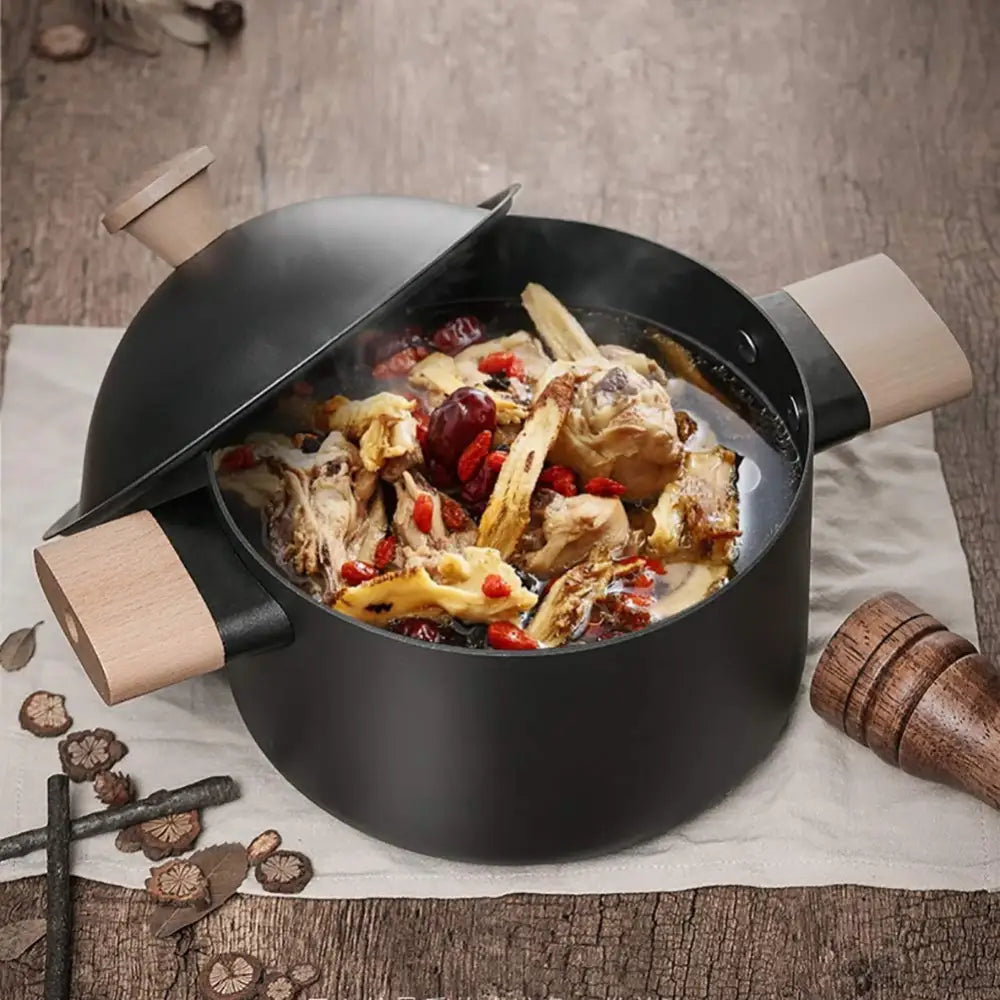 Non-stick Carbon Steel Dutch oven soup pot pan frying pan with lid wooden handle - Home & Garden > Kitchenware