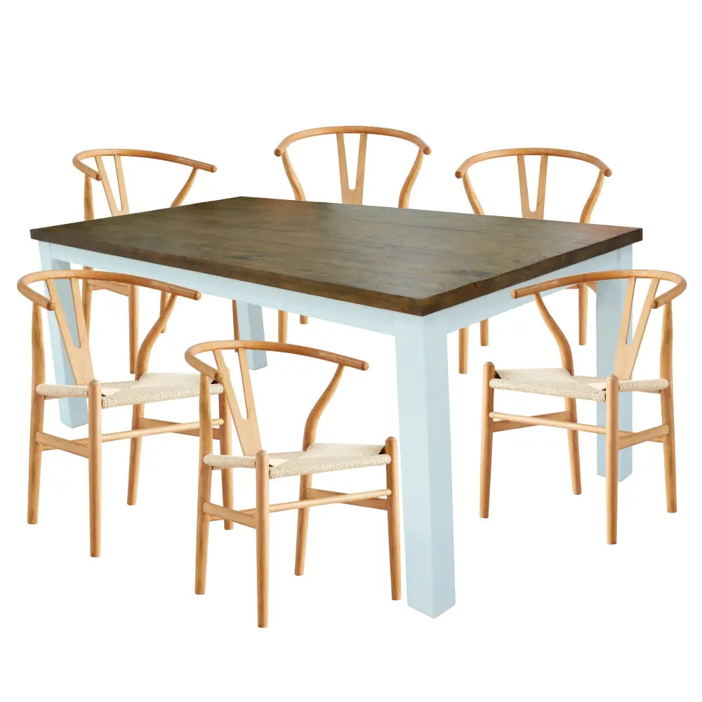 Norah 7pc Dining Set Table 180cm Solid Acacia Wood Natural Wishbone Chair - Furniture > Dining