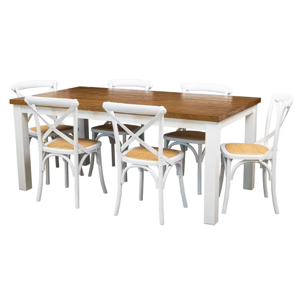 Norah 7pc Dining Set Table 180cm Solid Acacia Wood White Crossback Chair - Furniture > Dining