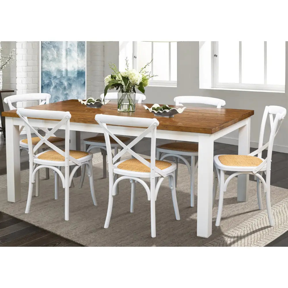 Norah 7pc Dining Set Table 180cm Solid Acacia Wood White Crossback Chair - Furniture > Dining