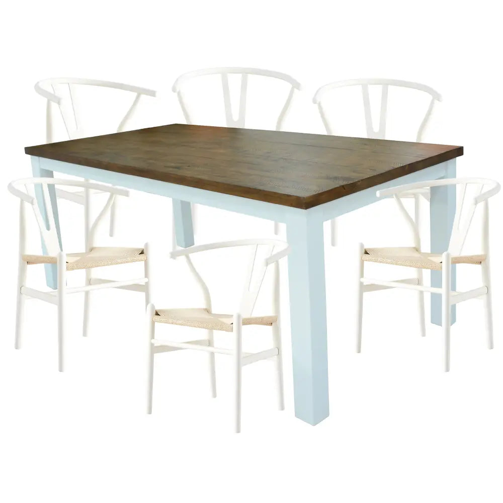 Norah 7pc Dining Set Table 180cm Solid Acacia Wood White Wishbone Chair - Furniture > Dining